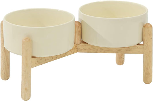 Ceramic 6.1inch Raised Dog Bowl with Stand for Small and Medium Breed Dog Dish Pet Food and Water Bowl (Double Bowl with Stand - Beige, 28oz) - Pet Explorer