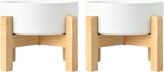 SPUNKYJUNKY Ceramic Elevated Dog Bowls 2 Pack - 6.1inch Raised Dog Bowls with Non-Slip Wooden Stand for Medium Dogs Dishwasher Safe(White,28.7OZ*2) - Pet Explorer