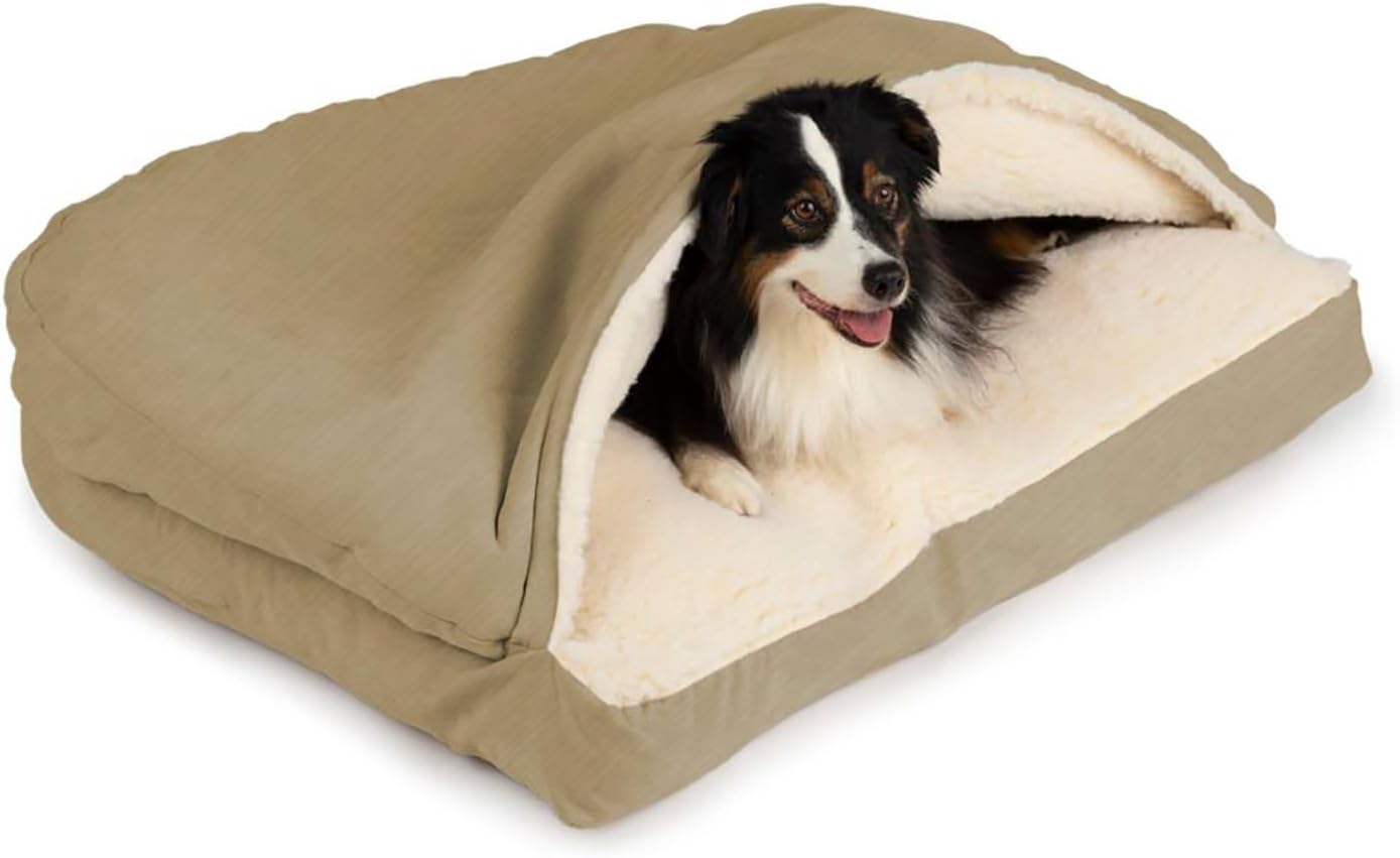 Snoozer Rectangle Cozy Cave Dog Bed - Indoor Dog Bed with Cover Cave, Covered Calming Burrow for Small Sized Pets with Blanket Attached, Enclosed, Washable - Small, Khaki - Pet Explorer