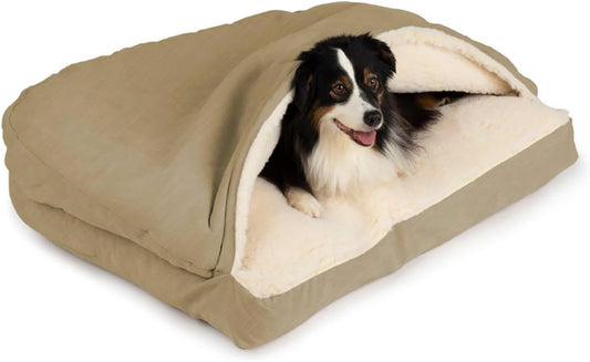 Snoozer Rectangle Cozy Cave Dog Bed - Indoor Dog Bed with Cover Cave, Covered Calming Burrow for Medium & Large Sized Pets with Blanket Attached, Enclosed, Washable - Large, Khaki - Pet Explorer