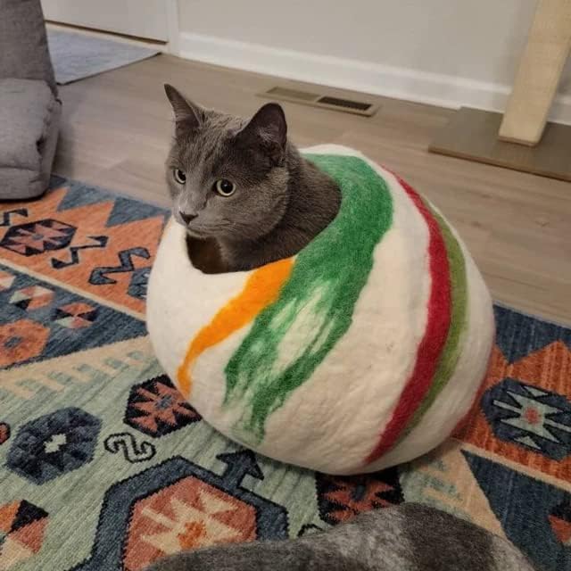 Woolygon Premium Felt Cat Cave Bed – Wool Kitty Beds Handcrafted Kitten Caves Bed for Indoor Cats - Made from 100% Eco-Friendly Merino Wool, Foldable Cat Hidewawy Covered Cat House Pod (Candy Swirl) - Pet Explorer