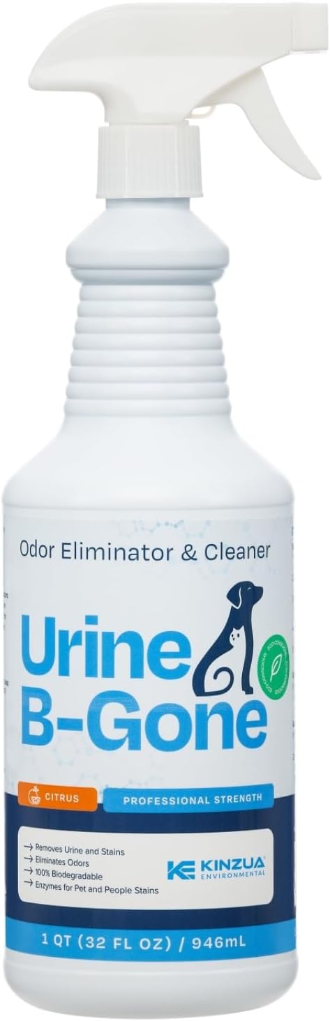 KINZUA ENVIRONMENTAL Urine B-Gone, Professional Enzyme Odor Eliminator & Pet Stain Remover, Human, Cat & Dog Urine Cleaner, Effective on Laundry, Carpets & More, Citrus Scent, 32oz - Pet Explorer