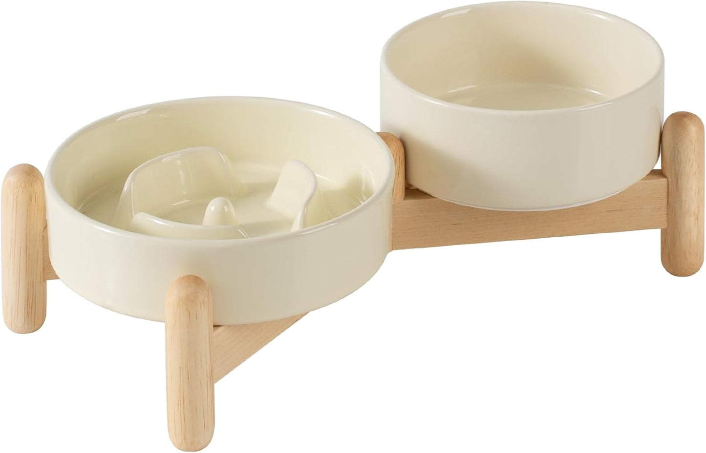 Ceramic Raised Slow Feeder Dog Bowl Set, Elevated 5.1inch Water Bowl and 6.1inch Puzzle Slow Pet Food Dish with Wooden Stand for Small Dog and Cat, Anti-Gulping (2X Beige+ Stand) - Pet Explorer