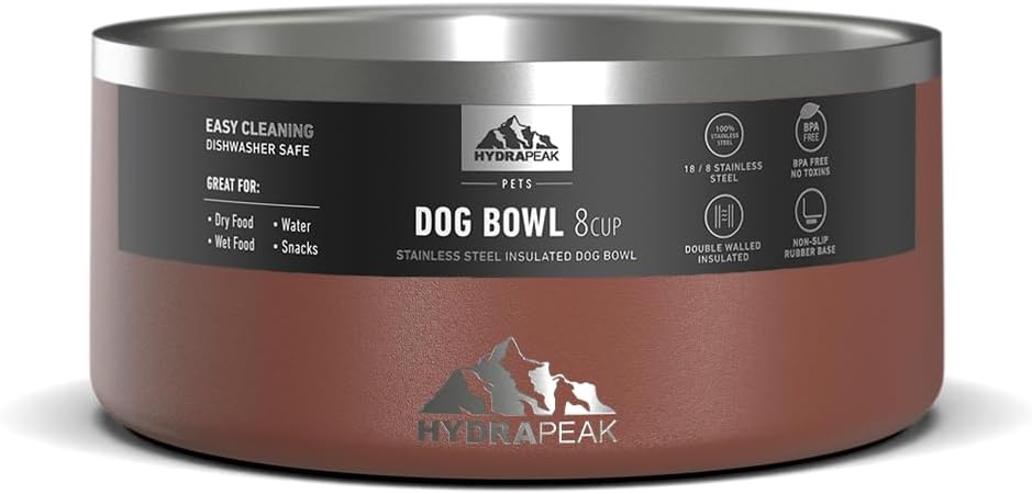 Hydrapeak Dog Bowl; Non Slip Stainless Steel; Water and Food Dish; Large Sized and Small Dogs; 32oz 64oz; Multiple Sizes | 8 Cup | Gingerbread - Pet Explorer