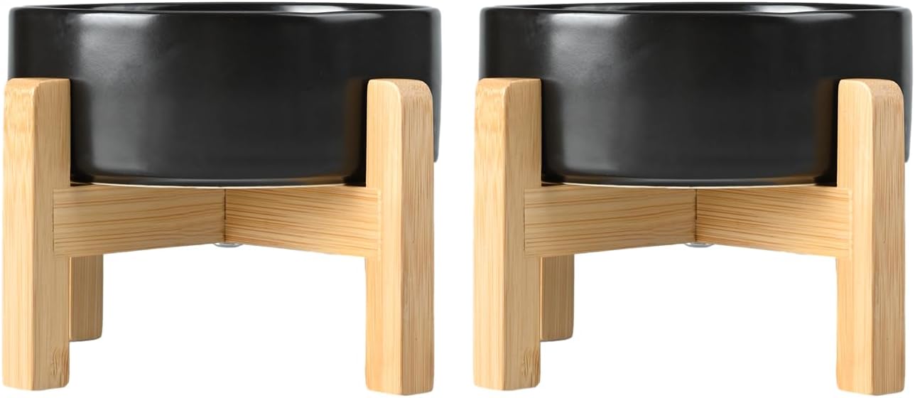 SPUNKYJUNKY Ceramic Elevated Dog Bowls 2 Pack - 6.1inch Raised Dog Bowls with Non-Slip Wooden Stand for Medium Dogs Dishwasher Safe(Black,28.7OZ*2) - Pet Explorer