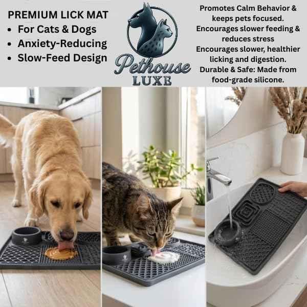Silicone Dog & Cat Lick Mat with Suction Cups – Anxiety Relief, Slow Feeder, Enrichment Toy for Bath & Grooming (Grey)