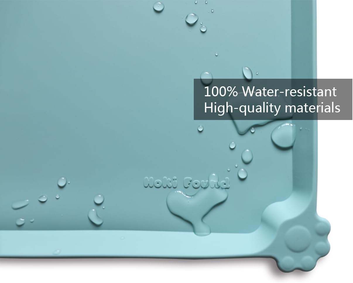 Hoki Found Silicone Non Slip Pet Food Mats - Dog Cat Bowl Placemats - Waterproof for Carpet - Light Turquoise - Pet Explorer