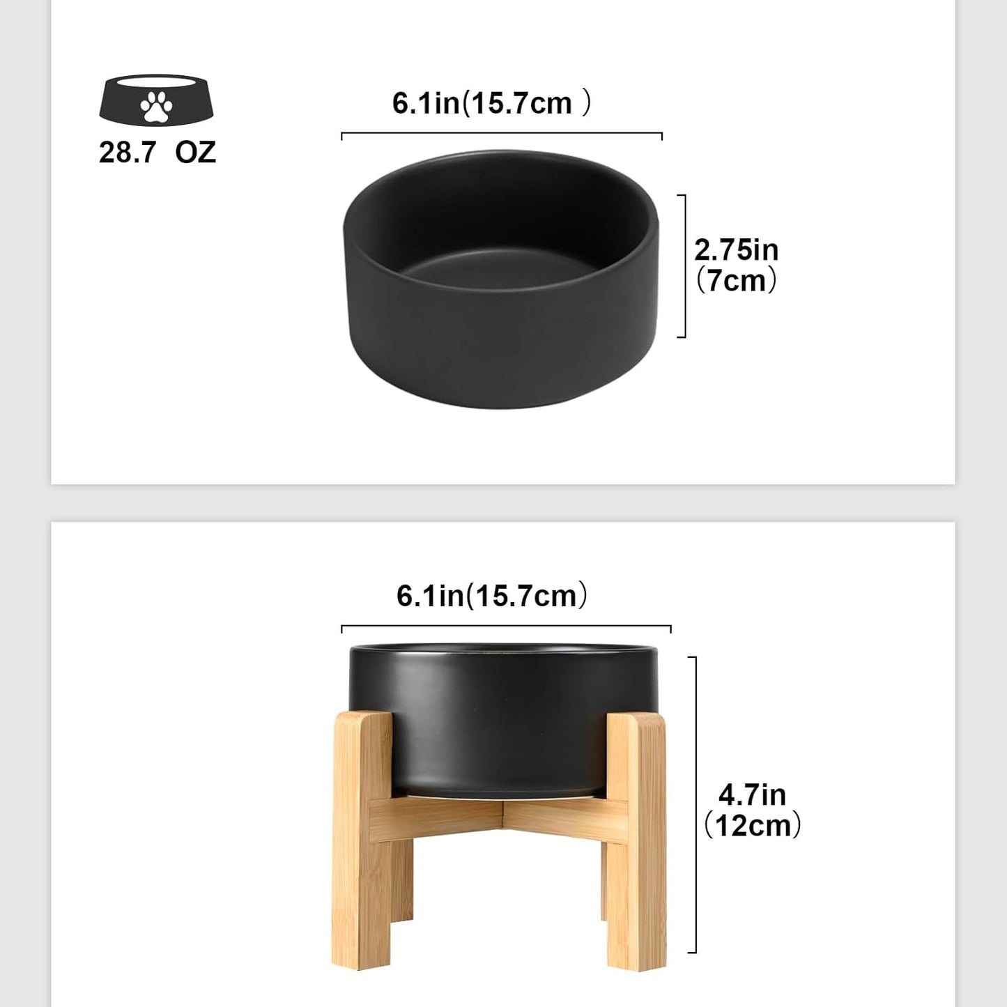 SPUNKYJUNKY Ceramic Elevated Dog Bowls 2 Pack - 6.1inch Raised Dog Bowls with Non-Slip Wooden Stand for Medium Dogs Dishwasher Safe(Black,28.7OZ*2) - Pet Explorer