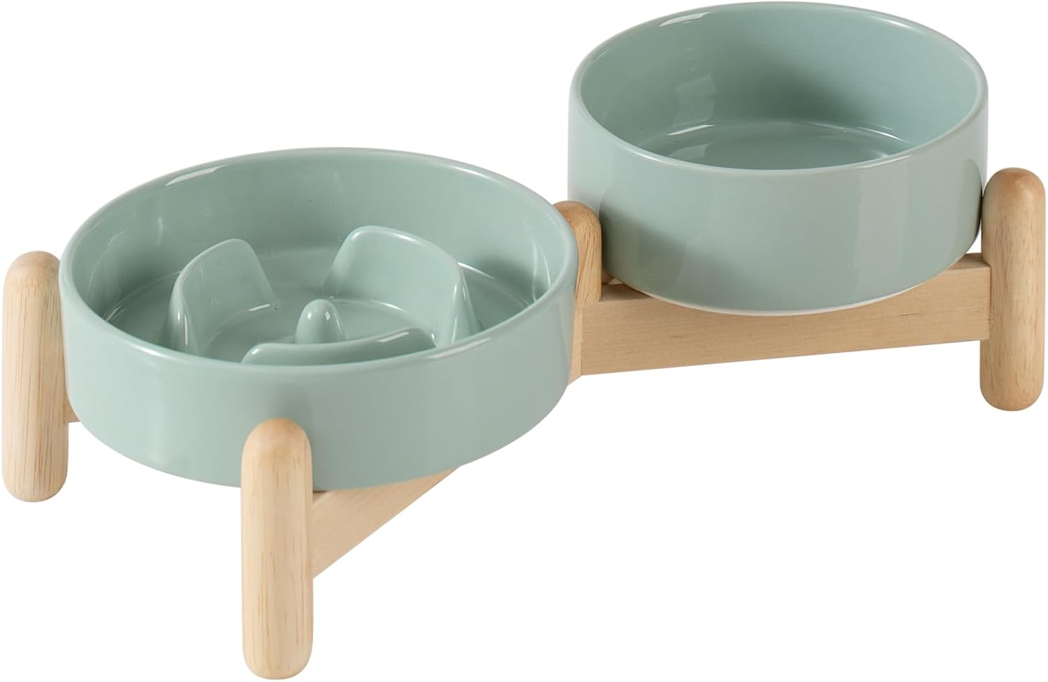 Ceramic Raised Slow Feeder Dog Bowl Set, Elevated 5.1inch Bowl and 6.1inch Puzzle Slow Pet Food Dish with Wooden Stand for Small Dog and Cat, Anti-Gulping (2X Light Green+ Stand) - Pet Explorer