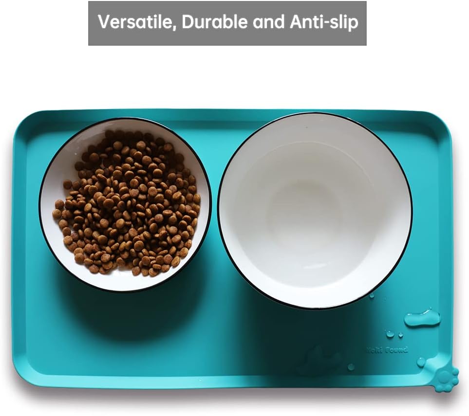 Hoki Found Silicone Non Slip Pet Feeding Mats - Dog Cat Bowl Placemats - Waterproof Food Mats for Floors - Teal - Pet Explorer