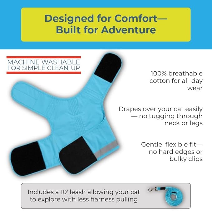 CAT SCHOOL Cat Harness and Leash Set for Outdoor Walks, Training, and Travel - Secure, Soft, Comfortable Cat Vest Harness with 10' Long Cat Leash - Easy to Use with Step-by-Step Instructions