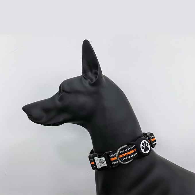 Airtag Dog Collar with QR Code Tag - Reflective Adjustable Nylon Collar, Quick Release Buckle for Small Medium Large Dogs, Comfortable Padded Lining (Orange, M)