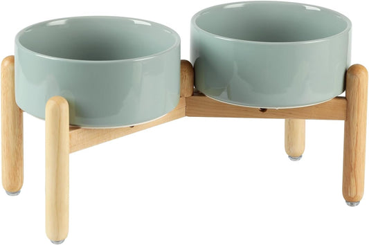 Ceramic 7.3inch Raised Double Bowls Set with Wooden Stand, Food & Water Bowls for Medium Breed Dogs, Weighted Dog Dishes, Pet Feeder(Light Green) - Pet Explorer