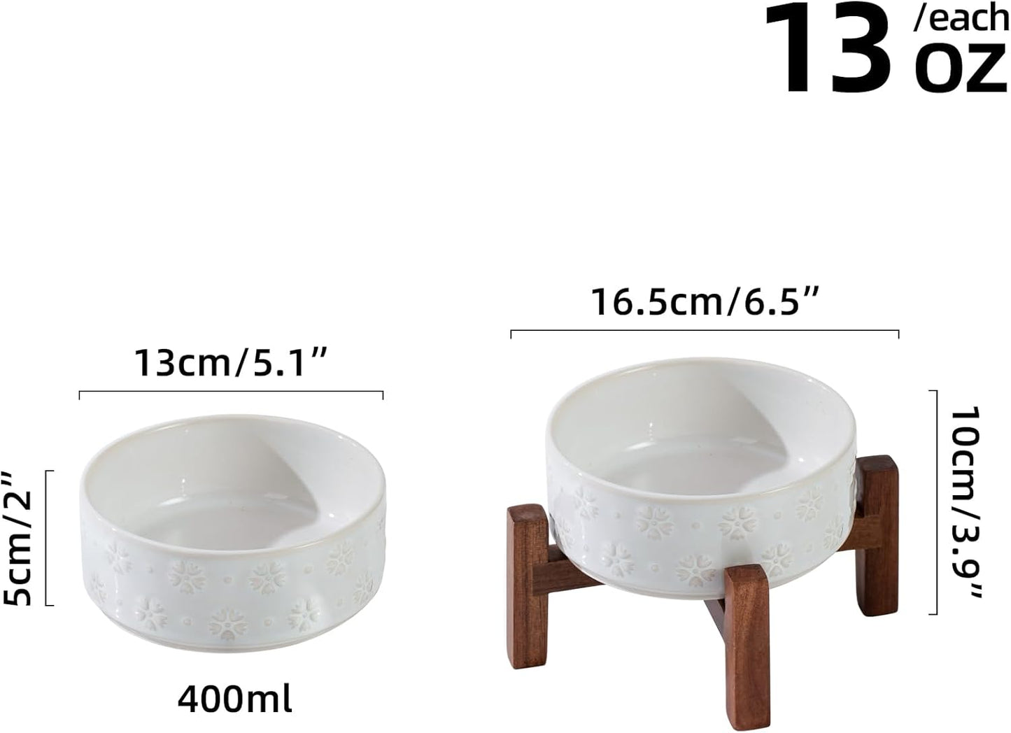 Ceramic 5.1inch Raised Dog and Cat Bowl Set, 2 Heights Elevated Wooden Stand for Puppy, Kitty, Cats, Weighted Pet Food and Water Dishes(5.1'',13.5oz, Arctic White) - Pet Explorer