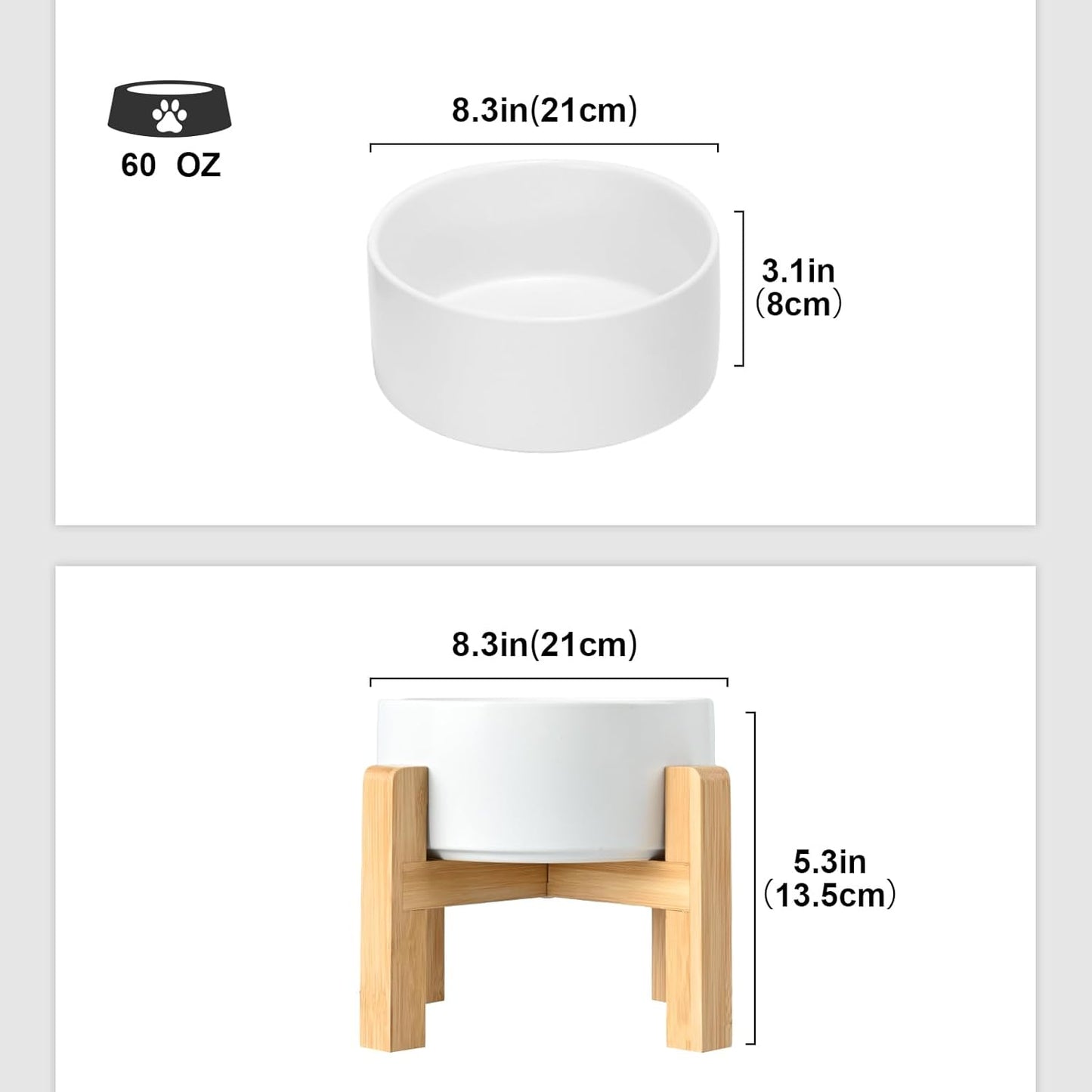 SPUNKYJUNKY Ceramic Elevated Dog Bowls 2 Pack - 8.3inch Raised Dog Bowls with Non-Slip Wooden Stand for Large Dogs Dishwasher Safe(White,60OZ*2) - Pet Explorer