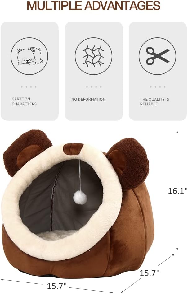 Cat Beds for Indoor Cats - Cat Bed Cave with Removable Washable Cushioned Pillow, Soft Plush Premium Cotton No Deformation Pet Bed, Roomy Bear Cat House Design, Multiple Sizes-L - Pet Explorer