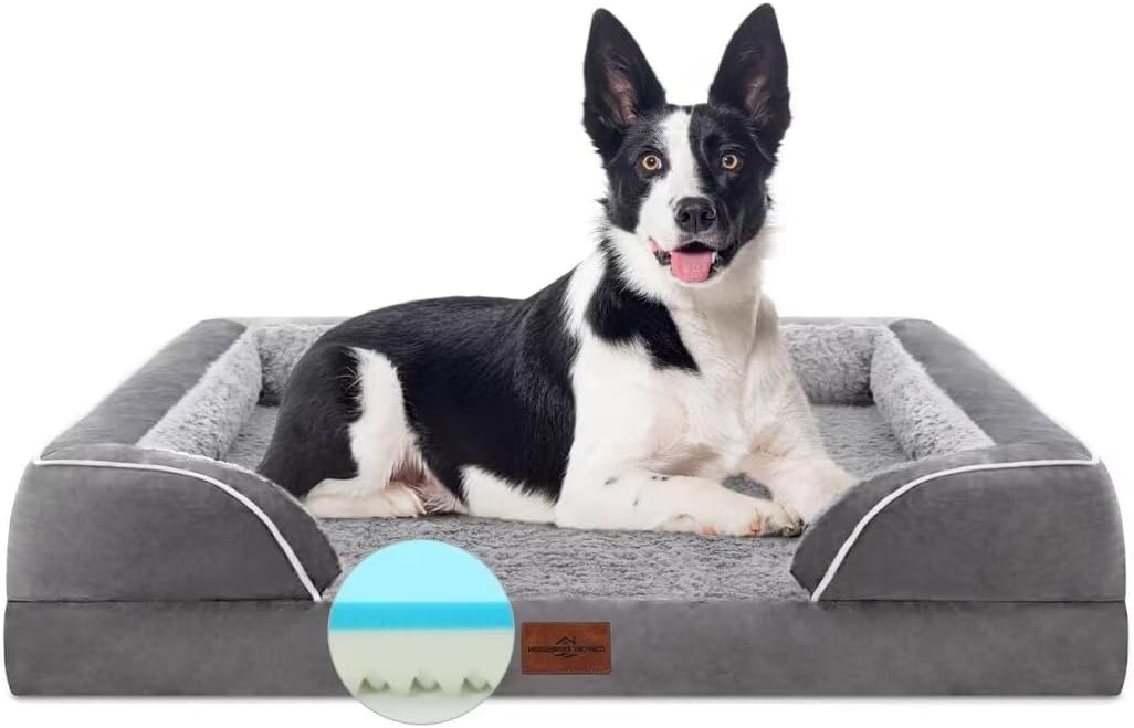 Comfort Expression Cooling Dog Bed for Large Dogs, Orthopedic Memory Foam Beds, Waterproof Washable Dogs Bed with Removable Cover, Pet Bed Dog Sofa with Bolster(Large,Silver Grey) - Pet Explorer