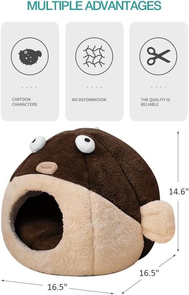 Cat Beds for Indoor Cats - Cat Bed Cave with Removable Washable Cushioned Pillow, Soft Plush Premium Cotton No Deformation Pet Bed, Lively Pufferfish Cat House Design, Brown, Multiple Sizes(L) - Pet Explorer