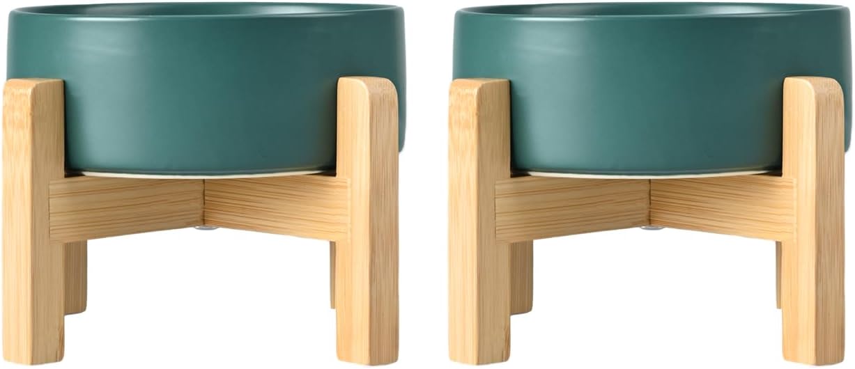 SPUNKYJUNKY Ceramic Elevated Dog Bowls 2 Pack - 5.1inch Raised Dog Bowls with Non-Slip Wooden Stand for Small Dogs Dishwasher Safe(Green,13.5OZ*2) - Pet Explorer