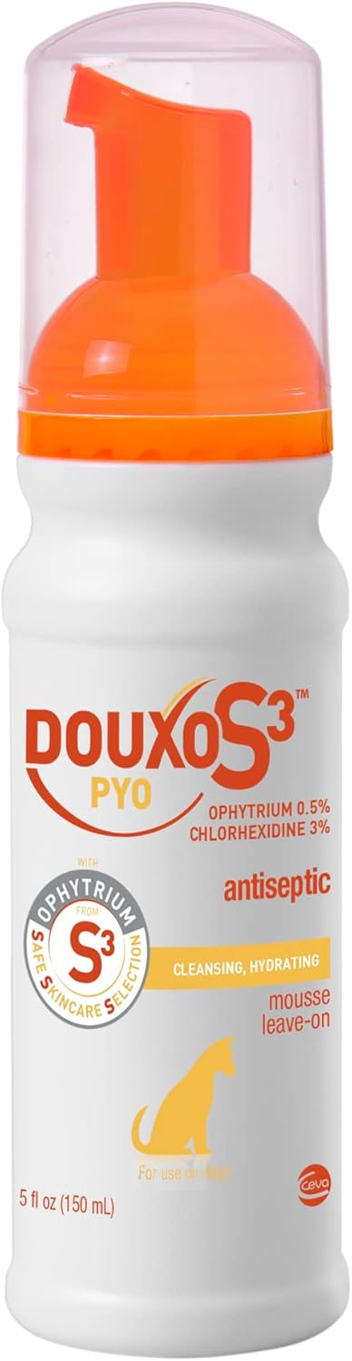 Douxo S3 Pyo Mousse, Contains 3% Chlorhexidine & 0.5% Ophytrium, Antiseptic & Hydrating, for Bacterial or Yeast Skin Infections, for Dogs, 5.1 fl. oz. (150mL) - Pet Explorer