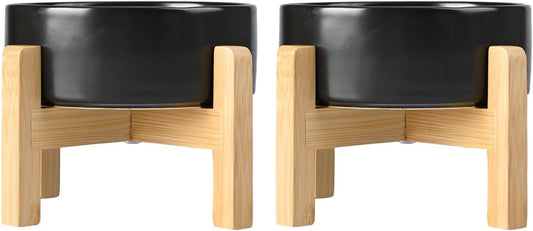 SPUNKYJUNKY Ceramic Elevated Dog Bowls 2 Pack - 8.3inch Raised Dog Bowls with Non-Slip Wooden Stand for Large Dogs Dishwasher Safe(Black,60OZ*2) - Pet Explorer