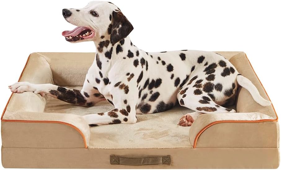 Friends Forever Orthopedic Dog Bed for Large Dogs, Waterproof Memory Foam Dog Sofa Bed L with Removable Washable Cover, Ally Khaki, 35x25x6.5 - Pet Explorer