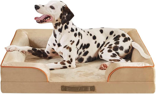 Friends Forever Orthopedic Dog Bed for Large Dogs, Waterproof Memory Foam Dog Sofa Bed L with Removable Washable Cover, Ally Khaki, 35x25x6.5 - Pet Explorer