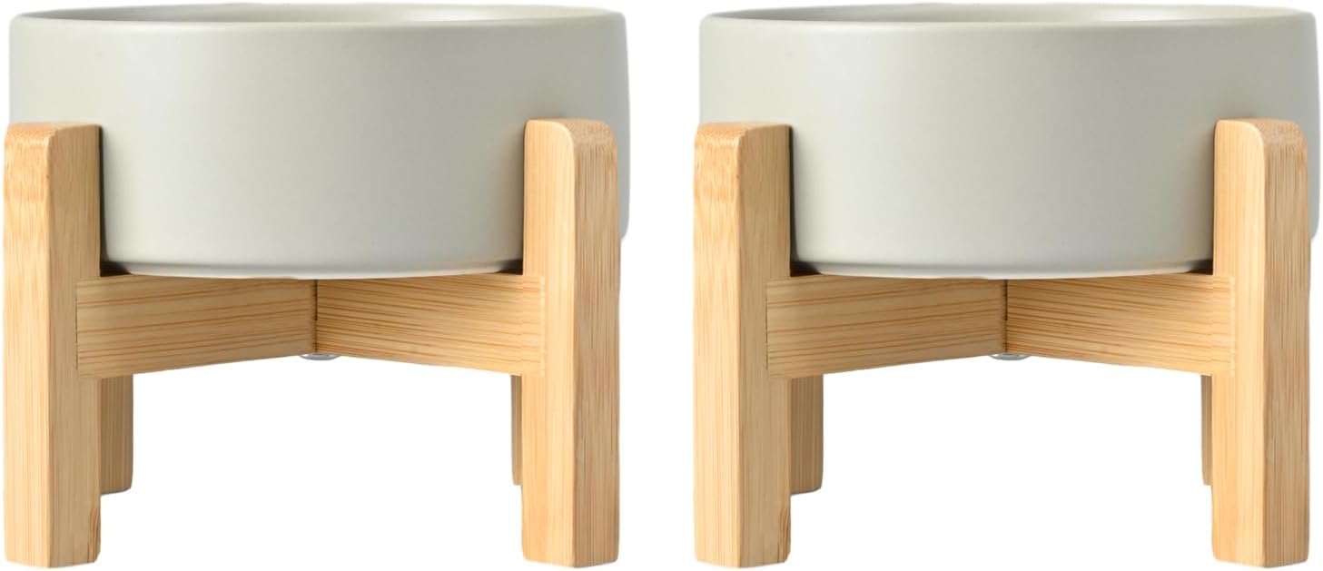 SPUNKYJUNKY Ceramic Elevated Dog Bowls 2 Pack - 8.3inch Raised Dog Bowls with Non-Slip Wooden Stand for Large Dogs Dishwasher Safe(Grey,60OZ*2) - Pet Explorer