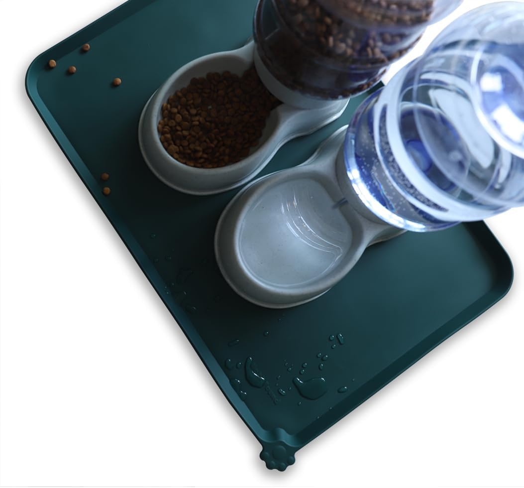 Hoki Found Large Silicone Pet Food Mats - Non Slip Dog Cat Bowl Placemats - Waterproof Dog Cat Food Mats - Dark Cedar - Pet Explorer