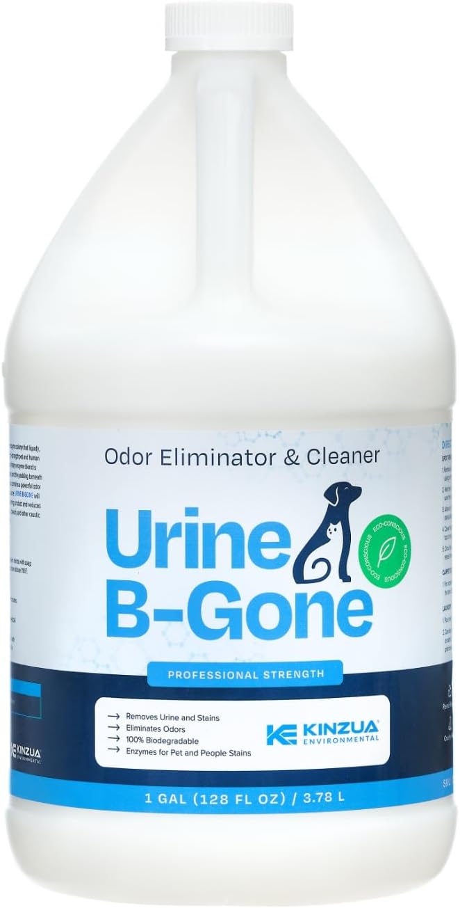 KINZUA ENVIRONMENTAL Urine B-Gone, Professional Enzyme Odor Eliminator & Pet Stain Remover, Human, Cat & Dog Urine Cleaner, Effective on Laundry, Carpets & More, Original Scent, 1 Gallon - Pet Explorer