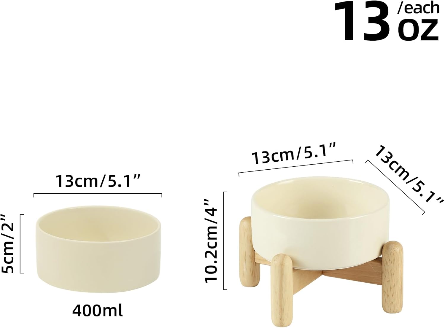 Ceramic 5.1inch Raised Dog and Cat Bowl Set, Elevated with Wooden Stand, Food and Water Bowl for Small Breed Dogs, Cats, Kitty, Weighted Dog Dishes, Pet Bowls(13.5oz, Beige) - Pet Explorer