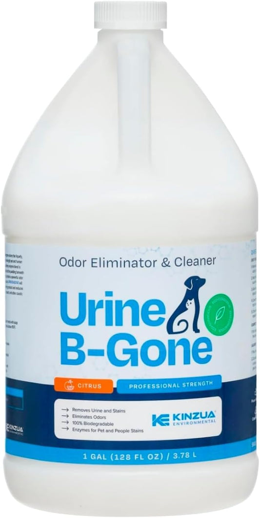 KINZUA ENVIRONMENTAL Urine B-Gone, Professional Enzyme Odor Eliminator & Pet Stain Remover, Human, Cat & Dog Urine Cleaner, Effective on Laundry, Carpets & More, Citrus Scent, 1 Gallon - Pet Explorer