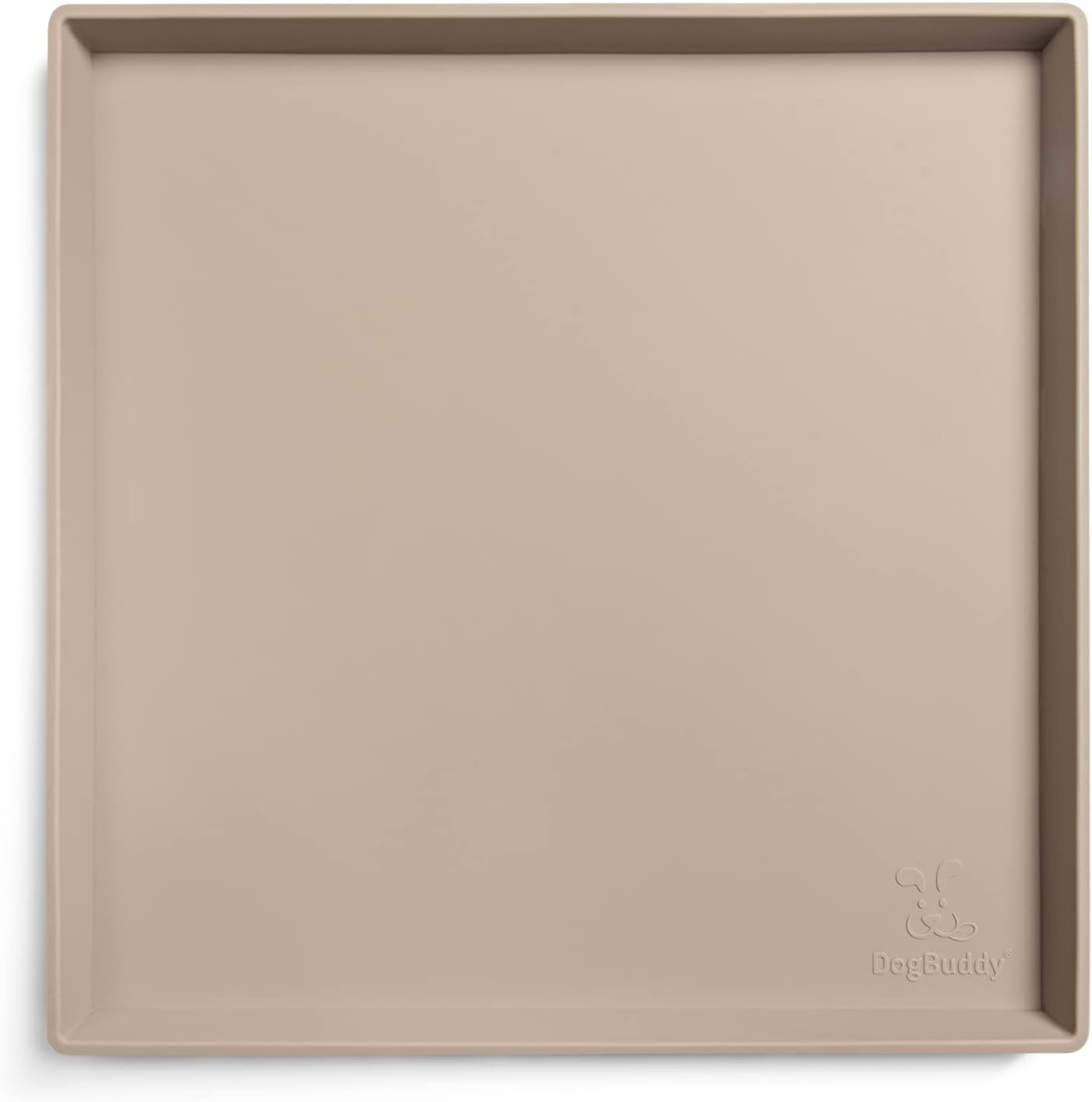 DogBuddy Dog Food Mat – Waterproof Dog Bowl Mat for Food and Water, Silicone Pet Feeding Mats for Floors, Non-Slip Placemat with High Edges for Dogs Bowls, Puppy Essentials (XS: 11" x 11", Taupe) - Pet Explorer