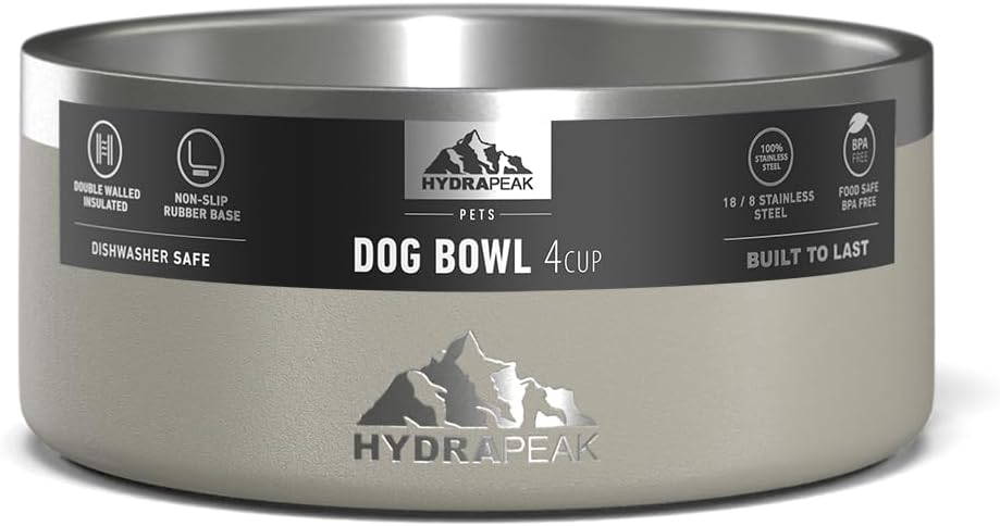 Hydrapeak Dog Bowl; Non Slip Stainless Steel; Water and Food Dish; Large Sized and Small Dogs; 32oz 64oz; Multiple Sizes; 4 Cup | Stone - Pet Explorer