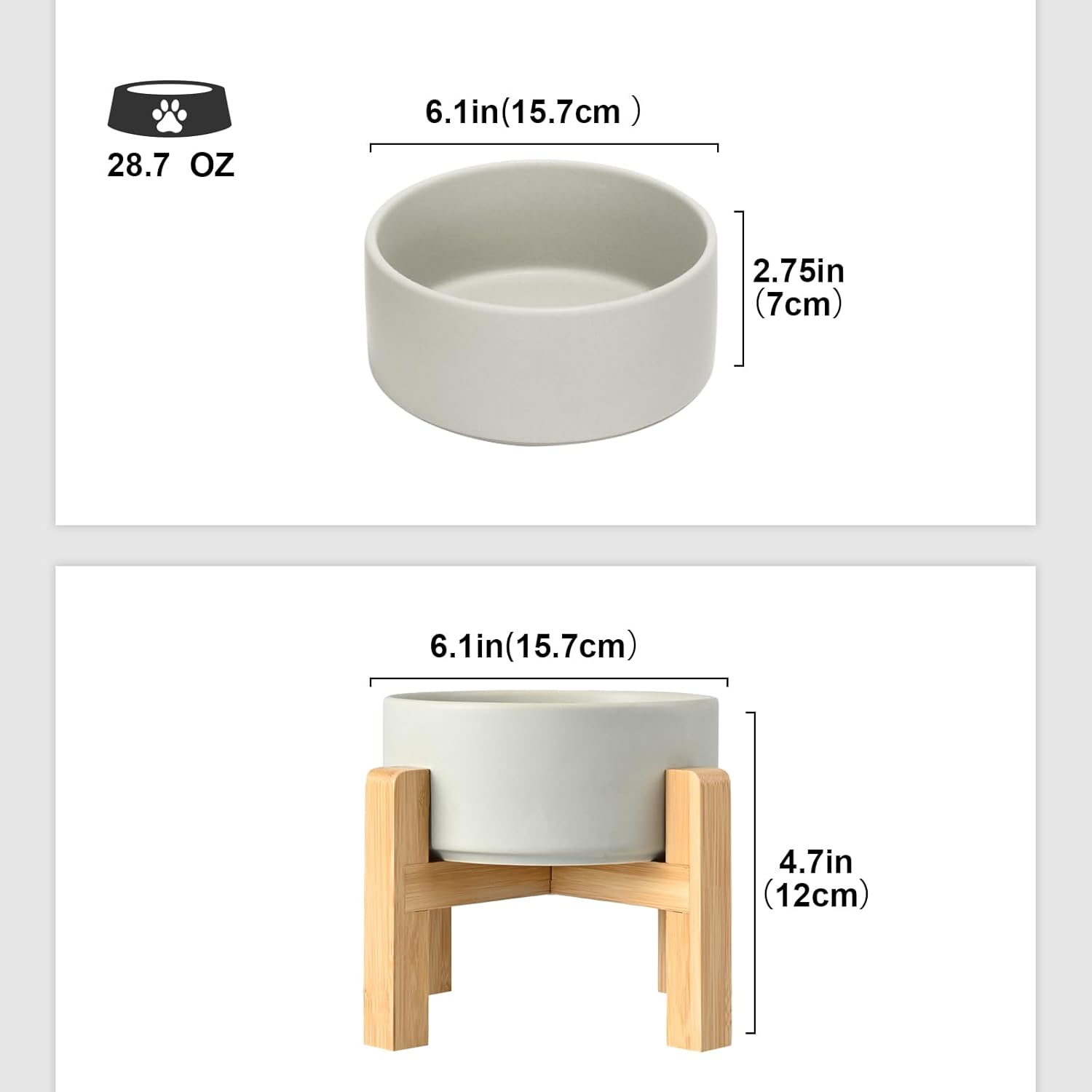 SPUNKYJUNKY Ceramic Elevated Dog Bowls 2 Pack - 6.1inch Raised Dog Bowls with Non-Slip Wooden Stand for Medium Dogs Dishwasher Safe(Grey,28.7OZ*2) - Pet Explorer
