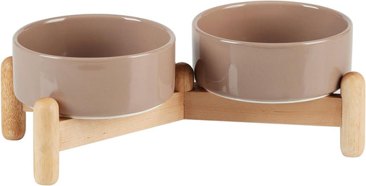 Ceramic 5.1inch Raised Double Bowls Set with Wooden Stand, Elevated Food & Water Bowls for Small Breed Dogs, Cats, Kitty, Weighted Dog Dishes, Pet Bowls(13.5oz, Brown Coffee) - Pet Explorer