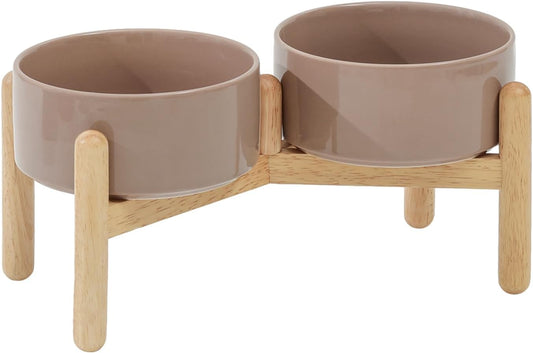 Ceramic 6.1inch Raised Dog Bowl with Stand for Small and Medium Breed Dog Dish Pet Food and Water Bowl (Double Bowl with Stand - Brown Coffee, 28oz) - Pet Explorer