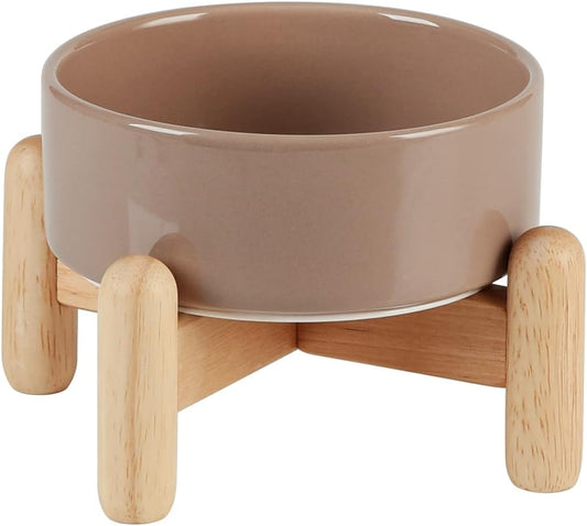 Ceramic 5.1inch Raised Dog and Cat Bowl Set, Elevated with Wooden Stand, Food and Water Bowl for Small Breed Dogs, Cats, Kitty, Weighted Dog Dishes, Pet Bowls(13.5oz, Brown Coffee) - Pet Explorer