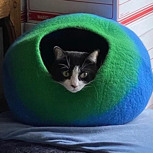 Woolygon Premium Felt Cat Cave Bed – Wool Kitty Beds Handcrafted Kitten Caves Bed for Indoor Cats - Made from 100% Eco-Friendly Merino Wool, Foldable Cat Hidewawy Covered Cat Houses (Emerald Indigo) - Pet Explorer