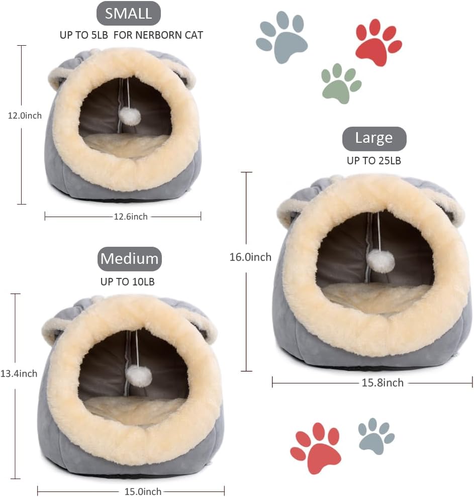 Cat Beds for Indoor Cats - Rabbit-Shaped Cat Cave Bed with Hanging Toy,Super Soft Calming Pet Bed for Kitten&Puppy,Small Dog,Warm Plush&Machine Washable&Removable Cotton Pad,Cat Hideaway(Grey L) - Pet Explorer