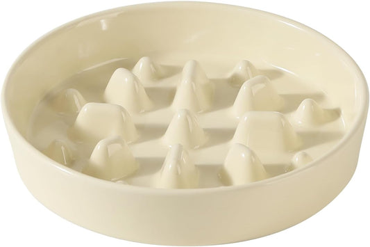 Ceramic 8.2 inch Dog Bowl Slow Feeder, Slow Pet Food Dish for Medium and Large Dog, Stop Bloat, Preventing Choking(Single Bowl, Beige) - Pet Explorer
