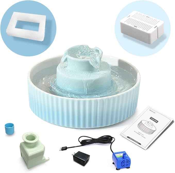 360 Ceramic Pet Fountain, Advanced Porcelain Cat Water Fountain, 70 oz.Drinking Fountains Bowl for Cat and Dogs with Replacement Filters and Foam (Green Blue)
