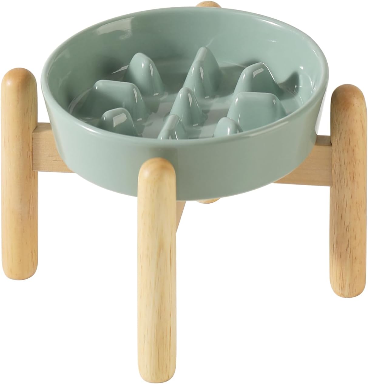 6.1inch Ceramic Dog Raised Slow Feeder Set, Elevated Bowl with Wooden Stand for Small Dog, Pet Slow Feeder Dish for Fast Easters, Anti-Gulping(Light Green, Single Bowl+ Stand) - Pet Explorer