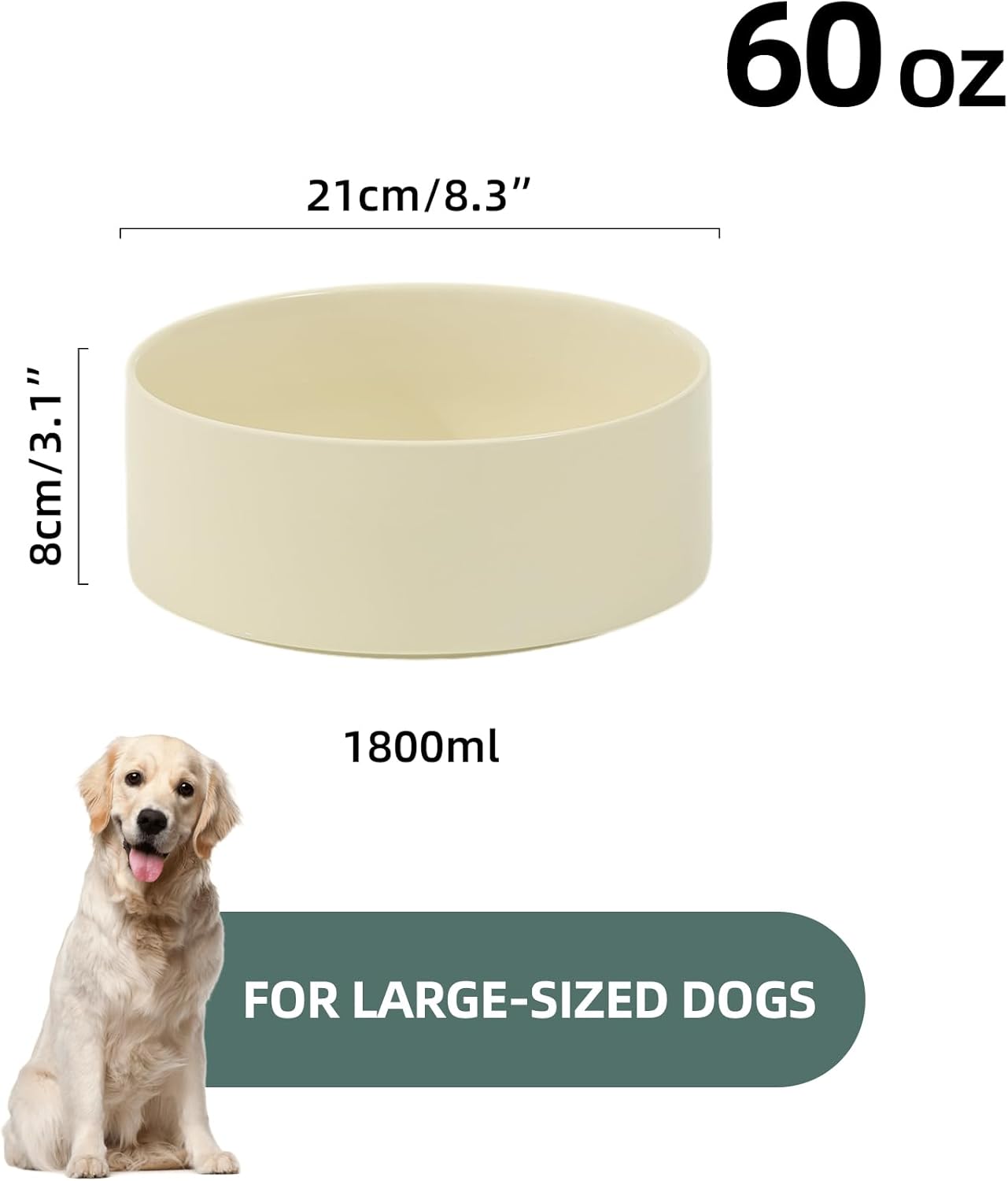 Ceramic 8.2inch Dog Bowl for Large-Breed Dogs, Anti-Slip and Weighted Pet Food and Water Bowl (Single Bowl - Beige) - Pet Explorer