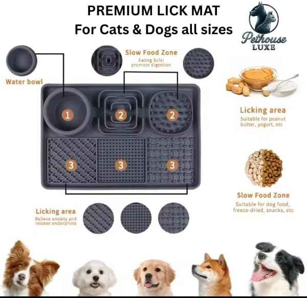 Silicone Dog & Cat Lick Mat with Suction Cups – Anxiety Relief, Slow Feeder, Enrichment Toy for Bath & Grooming (Grey)