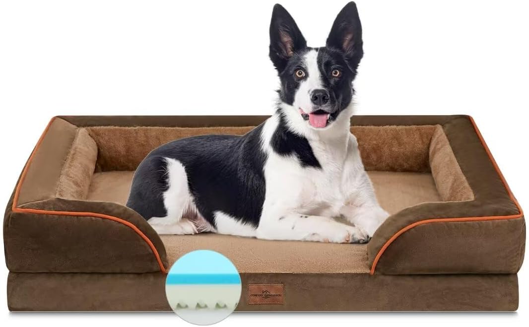 Comfort Expression Cooling Dog Beds Orthopedic, Waterproof Memory Foam Dog Bed for Large Dogs, Washable Dogs Beds with Removable Cover, Pet Sofa Couch with Bolster(Large,Khaki Brown) - Pet Explorer