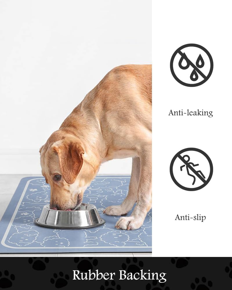 Pet Feeding Mat-Absorbent Dog Mat for Food and Water Bowl-No Stains Quick Dry Water Dispenser Mat-Dog Accessories Pet Supplies-Bowl for Messy Drinkers（BLUEDOGS,17"x28" - Pet Explorer