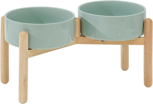 Ceramic 8.2inch Raised Dog Bowl with Stand for Large- Breed Dogs, Pet Food and Water Feeder (Double Bowl with Stand - Light Green) - Pet Explorer