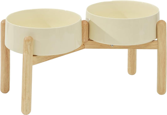 Ceramic 8.2inch Raised Dog Bowl with Stand for Large- Breed Dogs, Pet Food and Water Feeder (Double Bowl with Stand - Beige) - Pet Explorer
