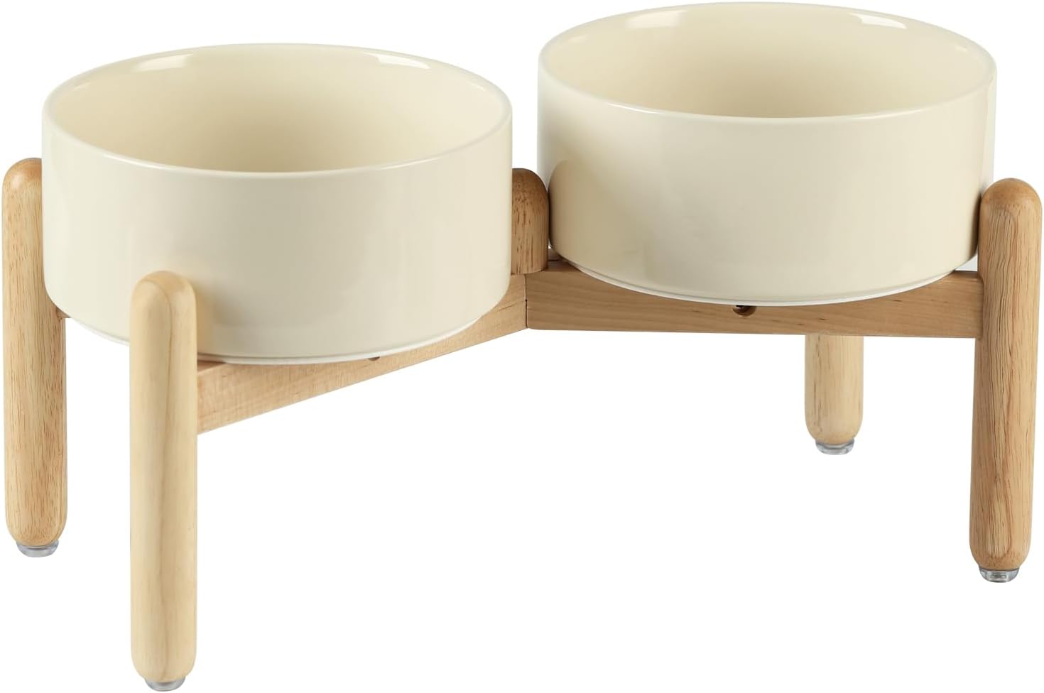 Ceramic 7.3inch Raised Double Bowls Set with Wooden Stand, Food & Water Bowls for Medium Breed Dogs, Weighted Dog Dishes, Pet Feeder(Beige) - Pet Explorer